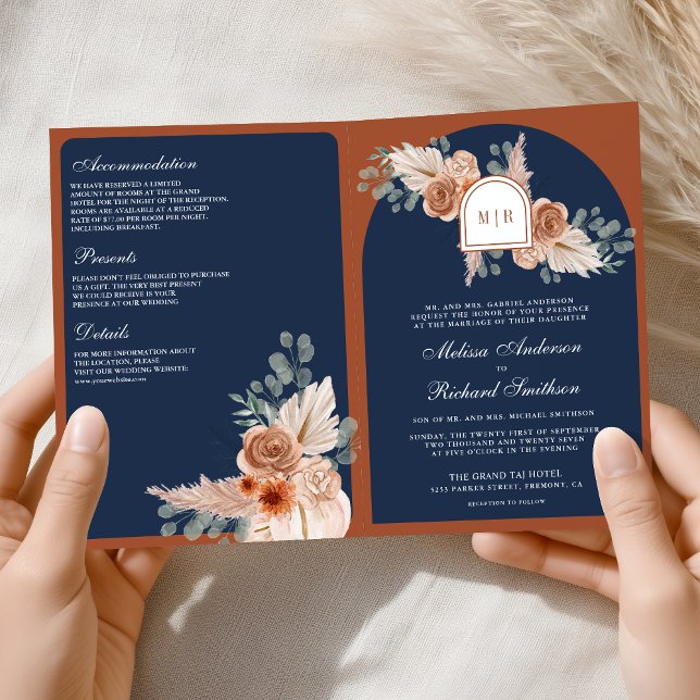 Terracotta Floral Pampas Navy Blue QR Code Wedding Invitation (Creator Uploaded)
