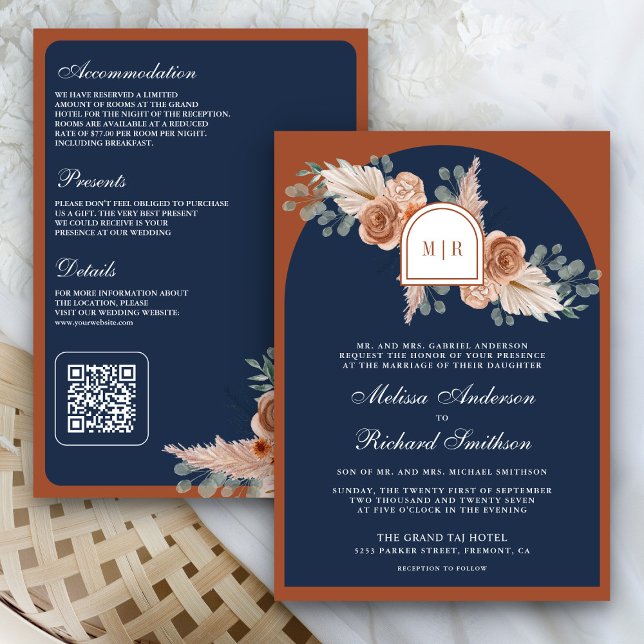 Terracotta Floral Pampas Navy Blue QR Code Wedding Invitation (Creator Uploaded)