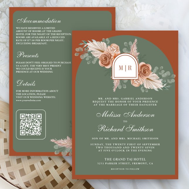 Terracotta Floral Pampas Sage Green Wedding Invitation (Creator Uploaded)