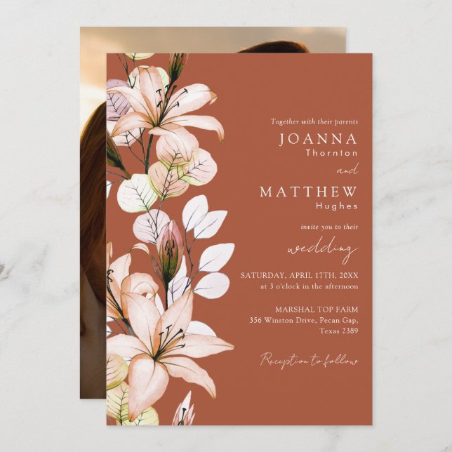 Terracotta Floral Photo Autumn Fall Wedding Invitation (Front/Back)
