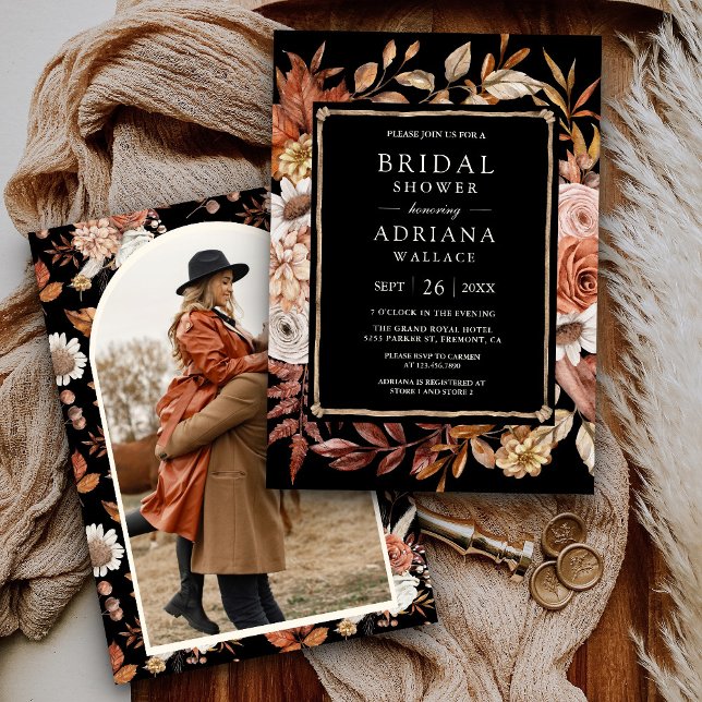 Terracotta Floral Photo Black Bridal Shower  Invitation (Creator Uploaded)