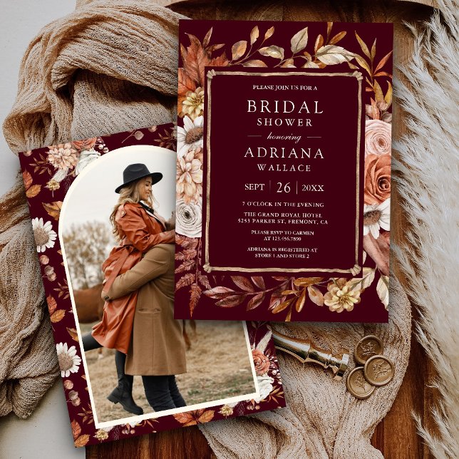 Terracotta Floral Photo Burgundy Bridal Shower Invitation (Creator Uploaded)