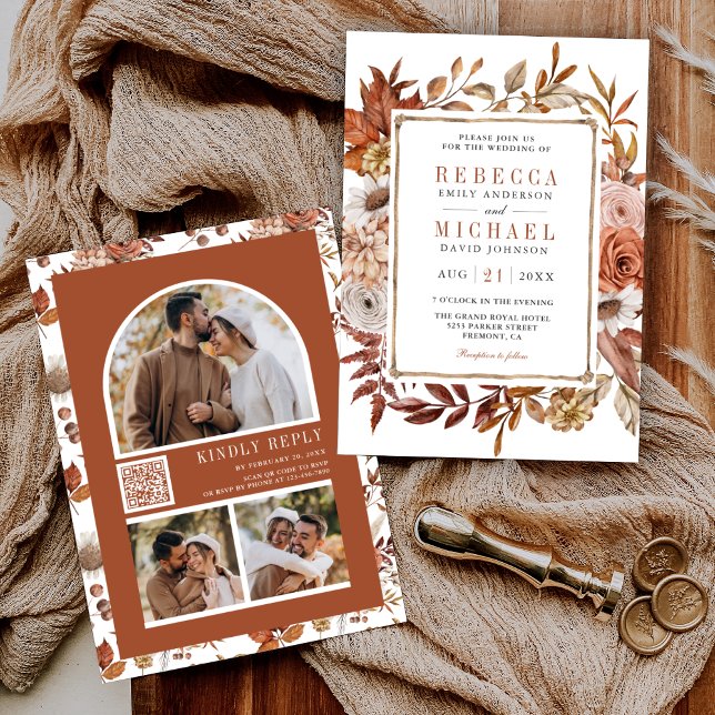 Terracotta Floral Photo Collage QR Code Wedding Invitation (Creator Uploaded)