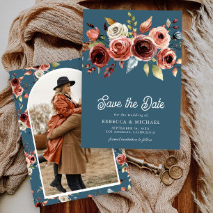 Terracotta Floral Photo Dusty Blue Wedding Save The Date