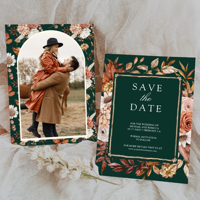 Terracotta Floral Photo Emerald Green Wedding Save The Date (Creator Uploaded)