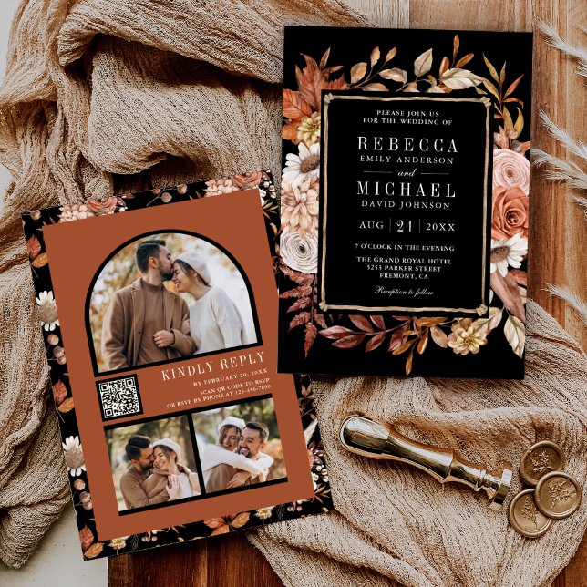 Terracotta Floral Photo QR Code Black Wedding Invitation (Creator Uploaded)