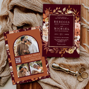 Terracotta Floral Photo QR Code Burgundy Wedding Invitation