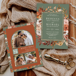 Terracotta Floral Photo QR Code Sage Wedding  Invitation