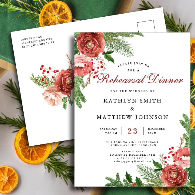 Terracotta Floral Pine Bough Rehearsal Dinner Invitation Postcard (Creator Uploaded)