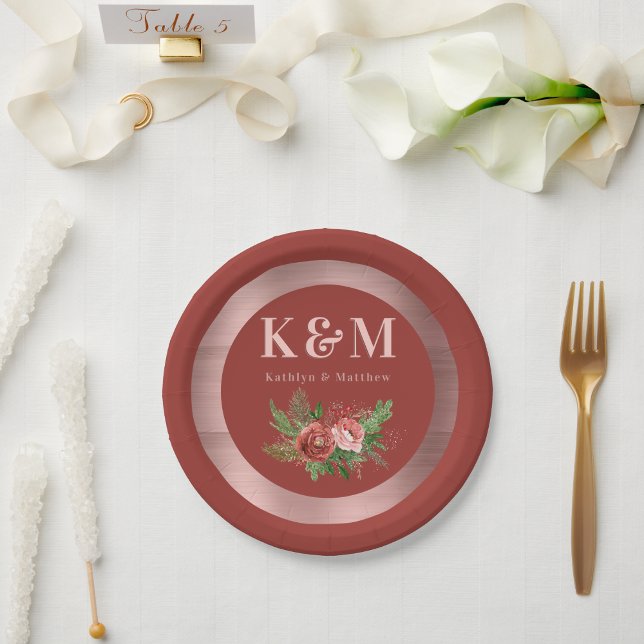 Terracotta Floral Pine Bough Wedding Monogram Paper Plate (Creator Uploaded)