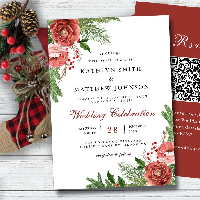 Terracotta Floral Pine Foliage Winter Wedding QR Invitation (Creator Uploaded)