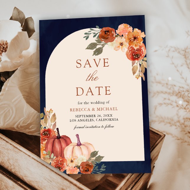 Terracotta Floral Pumpkin Navy Blue Wedding Save The Date (Creator Uploaded)