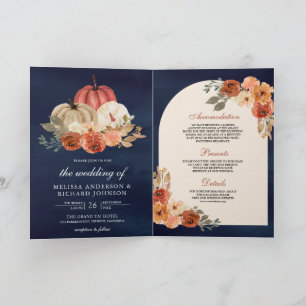Terracotta Floral Pumpkin QR Code Navy Wedding Invitation