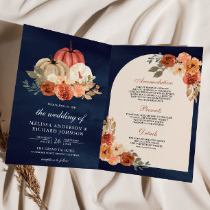 Terracotta Floral Pumpkin QR Code Navy Wedding Invitation