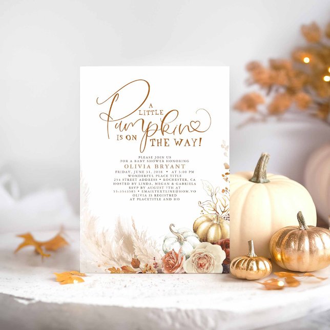 Terracotta Floral Pumpkins Fall Baby Shower Invitation (A Little Pumpkin Is On The Way - Cute Earthy Floral Pampas Grass Baby Shower Invitations)