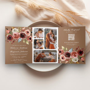 Terracotta Floral QR Code Beige Tan Wedding Tri-Fold Invitation