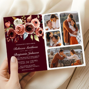 Terracotta Floral QR Code Burgundy Wedding Invitation