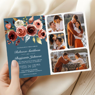Terracotta Floral QR Code Dusty Blue Wedding Invitation