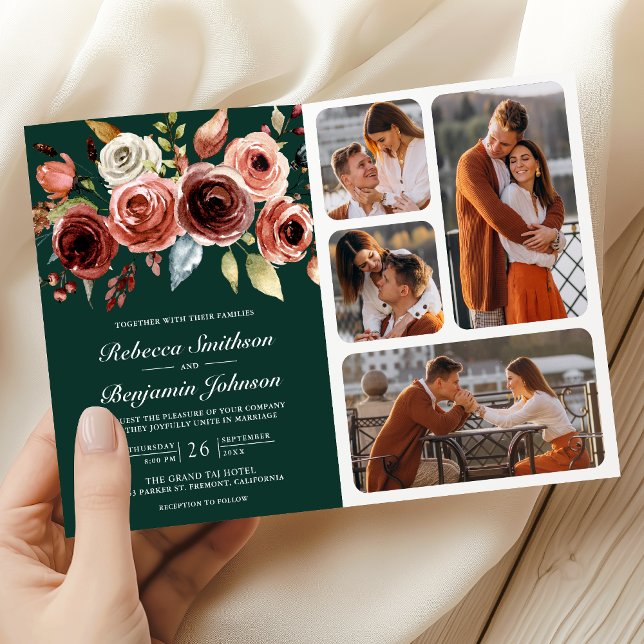 Terracotta Floral QR Code Emerald Green Wedding Invitation (Creator Uploaded)