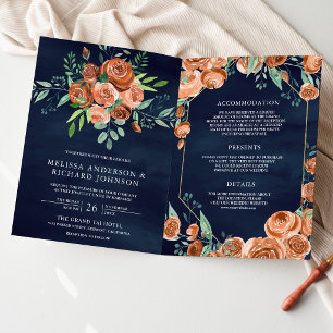 Terracotta Floral QR Code Navy Blue Wedding Invitation