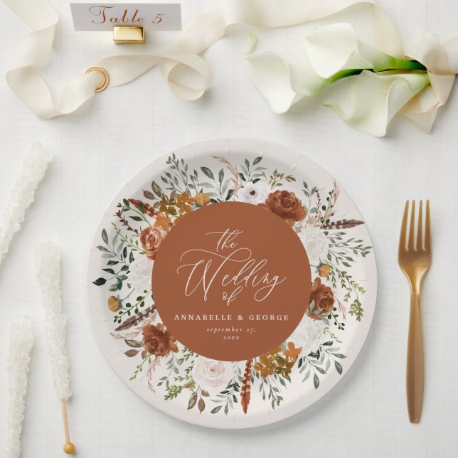 Terracotta floral rustic elegant modern wedding paper plate (Wedding)
