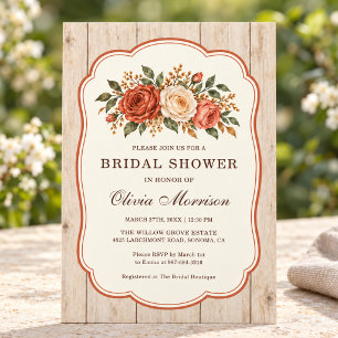 Terracotta Floral Rustic Wood Bridal Shower Invitation