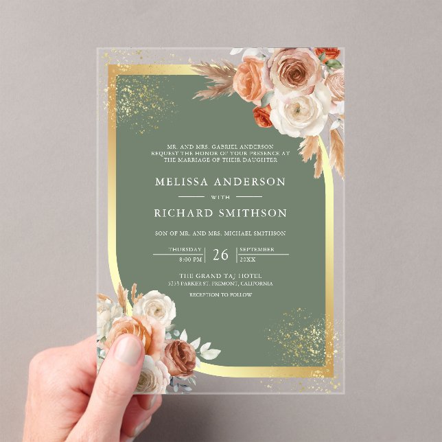 Terracotta Floral Sage Green Gold Wedding Acrylic Invitations (Insitu (Handheld))