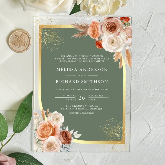 Terracotta Floral Sage Green Gold Wedding Acrylic Invitations (Creator Uploaded)