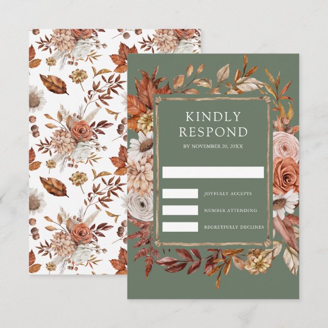 Terracotta Floral Sage Green Wedding RSVP Card (Front/Back)