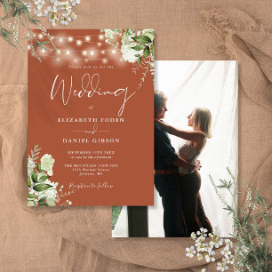 Terracotta Floral String Lights Photo Wedding Invitation