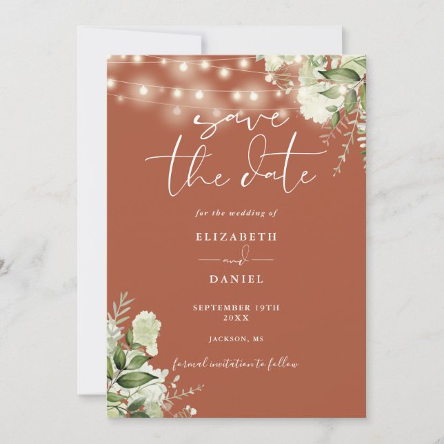 Terracotta Floral String Lights Photo Wedding Save The Date (Front)