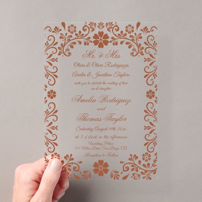 Terracotta Floral Timeless Wedding Acrylic Invitations (Insitu (Handheld))