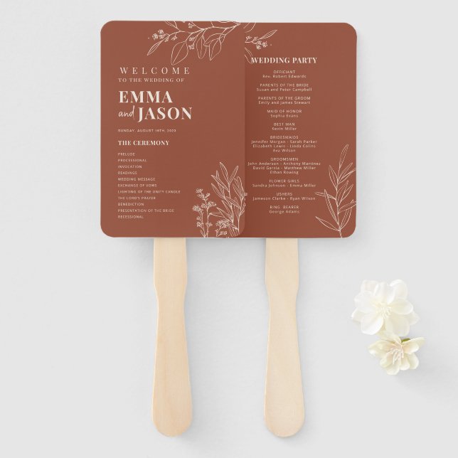  Terracotta Floral Wedding Hand Fan Program (Front and Back)