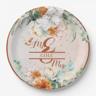 Terracotta Floral Wedding Mr and Mrs Paper Plate
