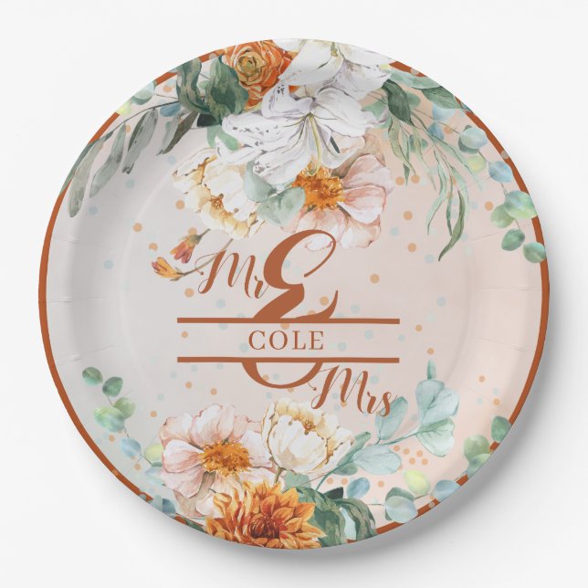 Terracotta Floral Wedding Mr and Mrs Paper Plate (Front)