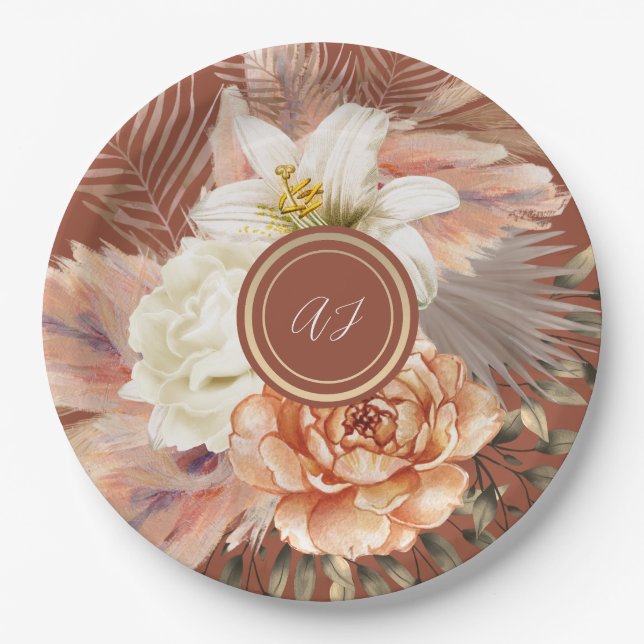 Terracotta Floral Wedding Paper Plate (Front)