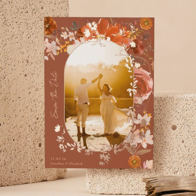 Terracotta Floral Wedding Rose Photo Save The Date (Creator Uploaded)