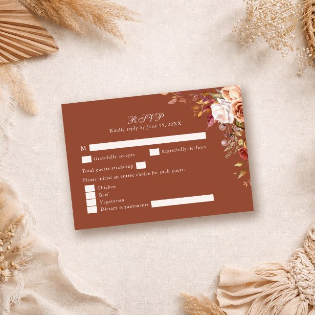 Terracotta Floral Wedding RSVP Card Fall Boho (Terracotta Burnt Orange Floral Wedding RSVP Card on a neutral boho table)