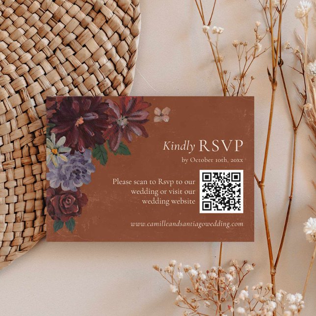 Terracotta Floral Wedding RSVP QR Code (Moody Terracotta Wedding Rsvp with QR Code Card)
