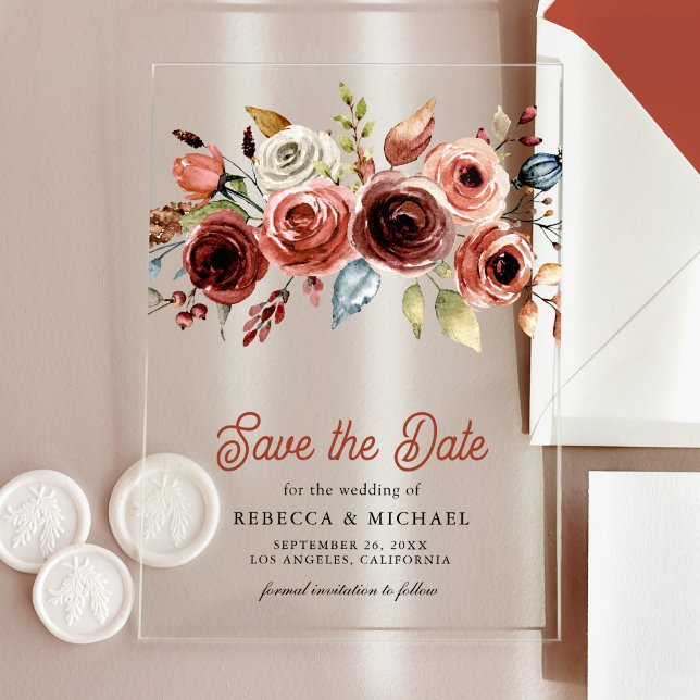 Terracotta Floral Wedding Save the Date Acrylic Invitations (Creator Uploaded)