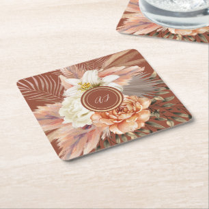 Terracotta Floral Wedding Square Paper Coaster