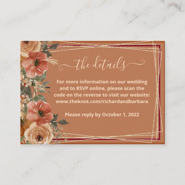 Terracotta Floral Wedding Website Details QR  Enclosure Card (Front)