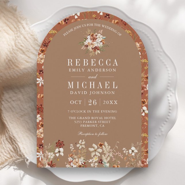 Terracotta Floral Wildflower Beige Arch Wedding Invitation (Creator Uploaded)