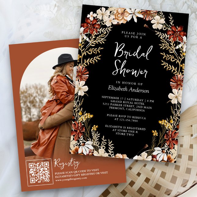 Terracotta Floral Wildflower Black Bridal Shower Invitation (Creator Uploaded)