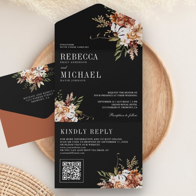 Terracotta Floral Wildflower Black Wedding All In One Invitation (Creator Uploaded)