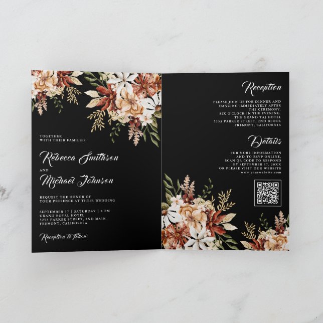 Terracotta Floral Wildflower Black Wedding Invitation (Inside)