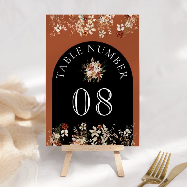 Terracotta Floral Wildflower Black Wedding Table Number (Creator Uploaded)