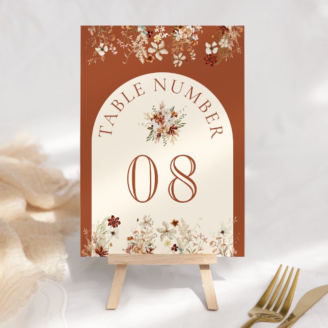 Terracotta Floral Wildflower Cream Wedding Table Number (Creator Uploaded)
