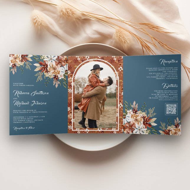 Terracotta Floral Wildflower Dusty Blue Wedding Tri-Fold Invitation (Creator Uploaded)