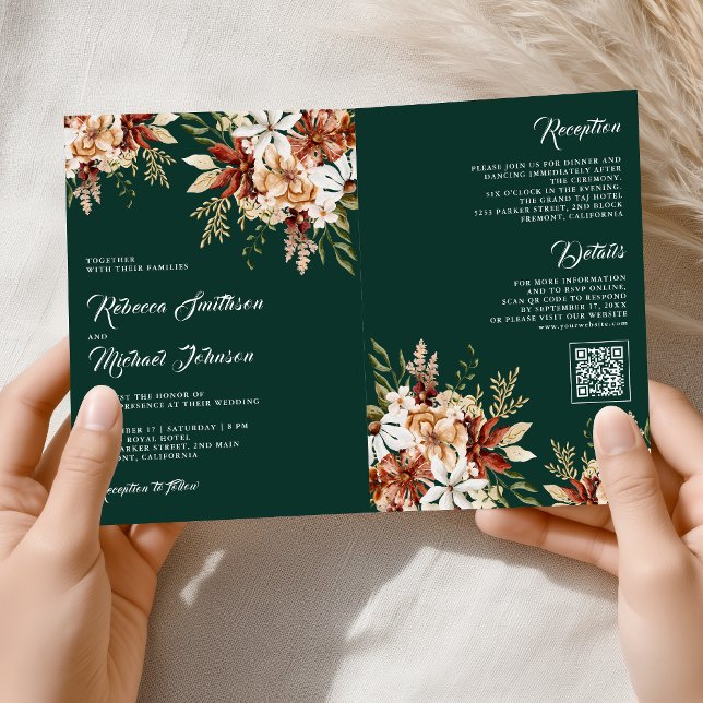 Terracotta Floral Wildflower Emerald Green Wedding Invitation (Creator Uploaded)